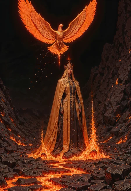 Amidst a fiery wasteland of smoldering ash and volcanic stone, a regal figure rises with commanding grace. Her flowing gown appears to be woven from molten lava and flickering embers, shifting and alive with the heat of her presence. Above her soars a magnificent phoenix, its wings ablaze with radiant flames that cast a golden-red glow across the scene. The woman's eyes burn like molten gold, reflecting the power of her companion, and her hands are wreathed in fire, ready to summon destruction or renewal. The phoenix's cry echoes like a hymn of rebirth, its flames scattering into the wind like sparks of creation. The air around them shimmers with heat, distorting the horizon into a mirage of fire and fury, as the empress stands resolute in her dominion.