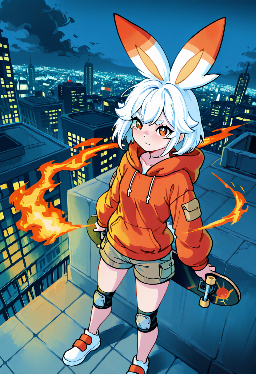 masterpiece, best quality, 1girl, solo,   [Rooftop Ember Jam], zzScorbunny, short choppy white hair, fluffy hoodie, 1girl, solo, oversized flame hoodie, cargo shorts, knee pads, skateboard, rooftop edge, glowing skyline, city lights â zzScorbunny balances her skateboard at the edge of a rooftop, flame hoodie billowing in the updraft. Her eyes sparkle as she surveys the glowing skyline, cargo shorts loaded with patches and pockets. A soft ember-like glow trails from her boardâs wheels â part urban rebel, part streetlight spirit.   ,<lora:ScorbunnyPokedex_IXL:1.0>,