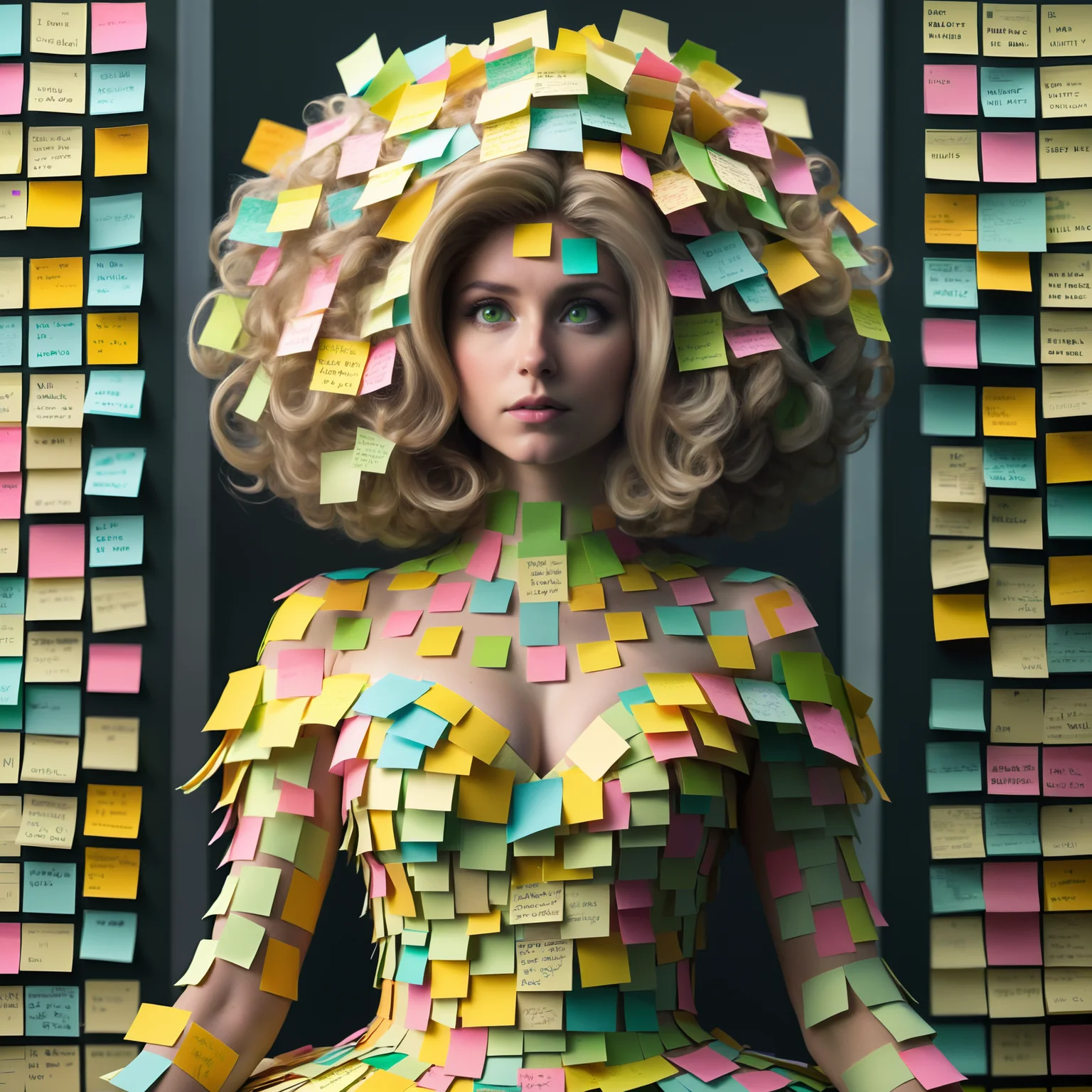 beautiful woman with blond curly hair and fluffy, looking off into the distance with green eyes, hair covered in multi-colored post-it notes, outfit made out of post-it notes, post-it notes covering chest and arms, background has two walls with multi-colored post it notes