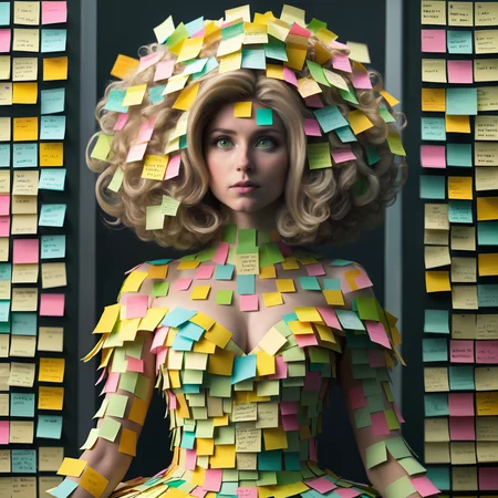 beautiful woman with blond curly hair and fluffy, looking off into the distance with green eyes, hair covered in multi-colored post-it notes, outfit made out of post-it notes, post-it notes covering chest and arms, background has two walls with multi-colored post it notes
