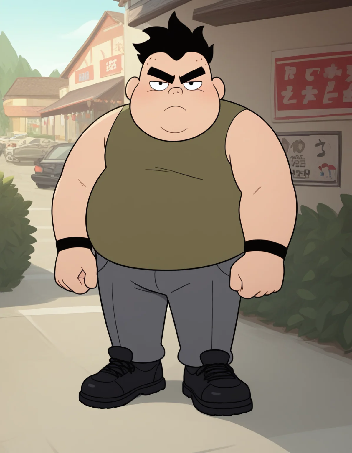 score_9, score_8_up, score_7_up, best quality, source_toon, p1n3appl3, black eyes, human, black hair, spiky hair, thick eyebrows, 3 dots on side of head, lines under eyes, double chin, fat, plump, obese, 1boy, male, dark green shirt, sleeveless shirt, dark grey pants, black shoes, black wristbands, standing, looking at viewer, clenched fists, grumpy face, mexican street, outdoors
