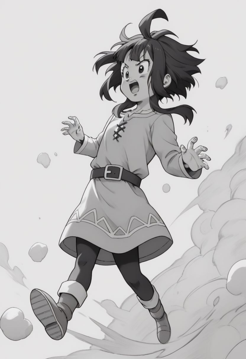 <lora:Dragon Ball_XL:0.8>, score_8_up, score_9_up, 1girl, solo, megumin, full body, open mouth, female focus, monochrome, grayscale, (perfect hands), <lyco:GoodHands-beta2:1>