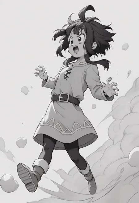 <lora:Dragon Ball_XL:0.8>, score_8_up, score_9_up, 1girl, solo, megumin, full body, open mouth, female focus, monochrome, grayscale, (perfect hands), <lyco:GoodHands-beta2:1>