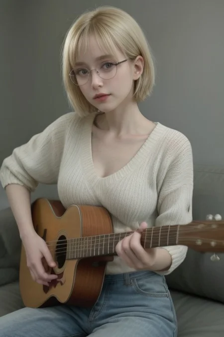 score_9, score_8_up, score_7_up, score_6_up, score_5_up, score_4_up, 1girl, (score_9, score_8_up:1.1), score_7_up, blonde short hair, blue eyes, detailed eyes, big round eyeglasses, small breasts, slim, pierced navel, pale skin, living room, on a couch, wearing oversized green sweater, denim pants, acoustic guitar, playing_instrument, playing guitar, relaxed, cute smile, closed lips