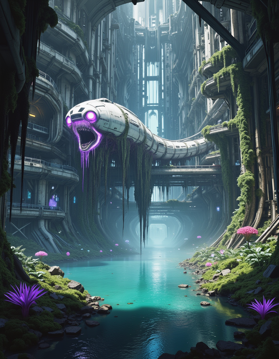 <lora:SWL_Underground1flux:1> photo of a vast, cinematic sci-fi ruin submerged in shimmering reflective waters, viewed from a low, mid-distance angle that stretches toward the towering backdrop of colossal vertical city structures. In the center, a massive, disgusting worm-shaped white alien spacecraft hovers suspended by biomechanical tendrils with lots of driping slime, glowing from beneath with vibrant neon violets and electric blues. The craftâs underside pulses with ethereal light, illuminating parts of the surrounding overgrowth. On both sides of the scene, the decayed remnants of futuristic arcology spires are cloaked in creeping moss, ivy, and lush foliage that spills over the edges of fractured metal platforms. Below, the water surface is broken by ancient industrial debris, sunken platforms, shattered bridges, and clusters of glowing aquatic plants in bright cyan, purple, and emerald hues. Light from high above pours down in shafts through broken ceiling panels, creating an atmosphere of divine mystery and discovery. Far in the hazy depth, layered corridors of the megastructure stretch toward infinity, evoking the overwhelming verticality of a forgotten utopia. Mist hovers over the surface, blurring reflections, while small bursts of vivid vegetation and alien flora erupt between concrete and steel seams. The ambiance blends post-apocalyptic awe with serene natural rebirth, surrounded by the hum of alien power and overgrown silence.