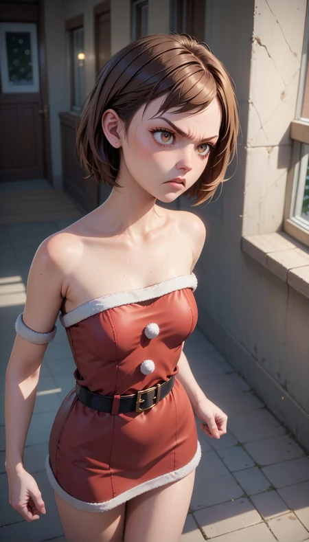 score_9, score_8_up, score_7_up,masterpiece,best quality,high quality,rating_safe,sfw,anime artwork,cinematic,very aesthetic,natural lighting,3d cartoon, 1girl french,hazel eyes,solo, (((young adult)),older),fist bumping,fear, angry,annoyed, long brown hair, Buzz cut hairstyle,santa dress,small breasts, detailed skin,intricate skin details, freckles:1.5, from above, wide shot, photo background, silhouetted against the bright sky, detail shadow, detailed skin texture, natural skin, clean skin pores, highly detailed iris, highly detailed skin texture, perfect eyes, ,intricate details,extremely detailed, highly detailed, detailed,absurdres,Hires
