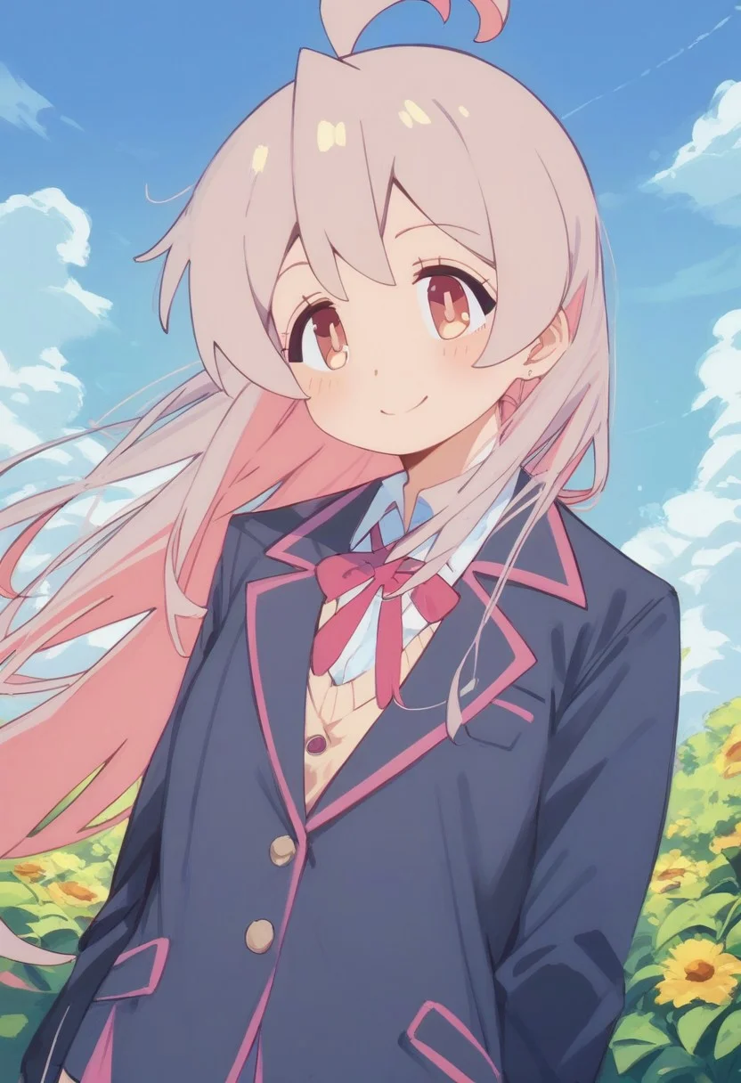 ((score_9, score_8_up, score_7_up)), masterpiece, best quality,high res image,
oyama mahiro, 18yo, petit body, long hair, pinkish-gray hair, brown eyes, 1girl, ahoge,
jacket, school uniform, shirt, ribbon, blush, smile, blazer(Beautiful, small Breasts:1.2),
beautiful detailed face, highly detailed eyes, beatiful eyes, sexy bodyshape, curvy thicc body,small saggy breasts, sexy smile,
motion lines, speedlines,
lifelike art, outdoor, outside minimarket,
8k wallpaper,huge filesize,