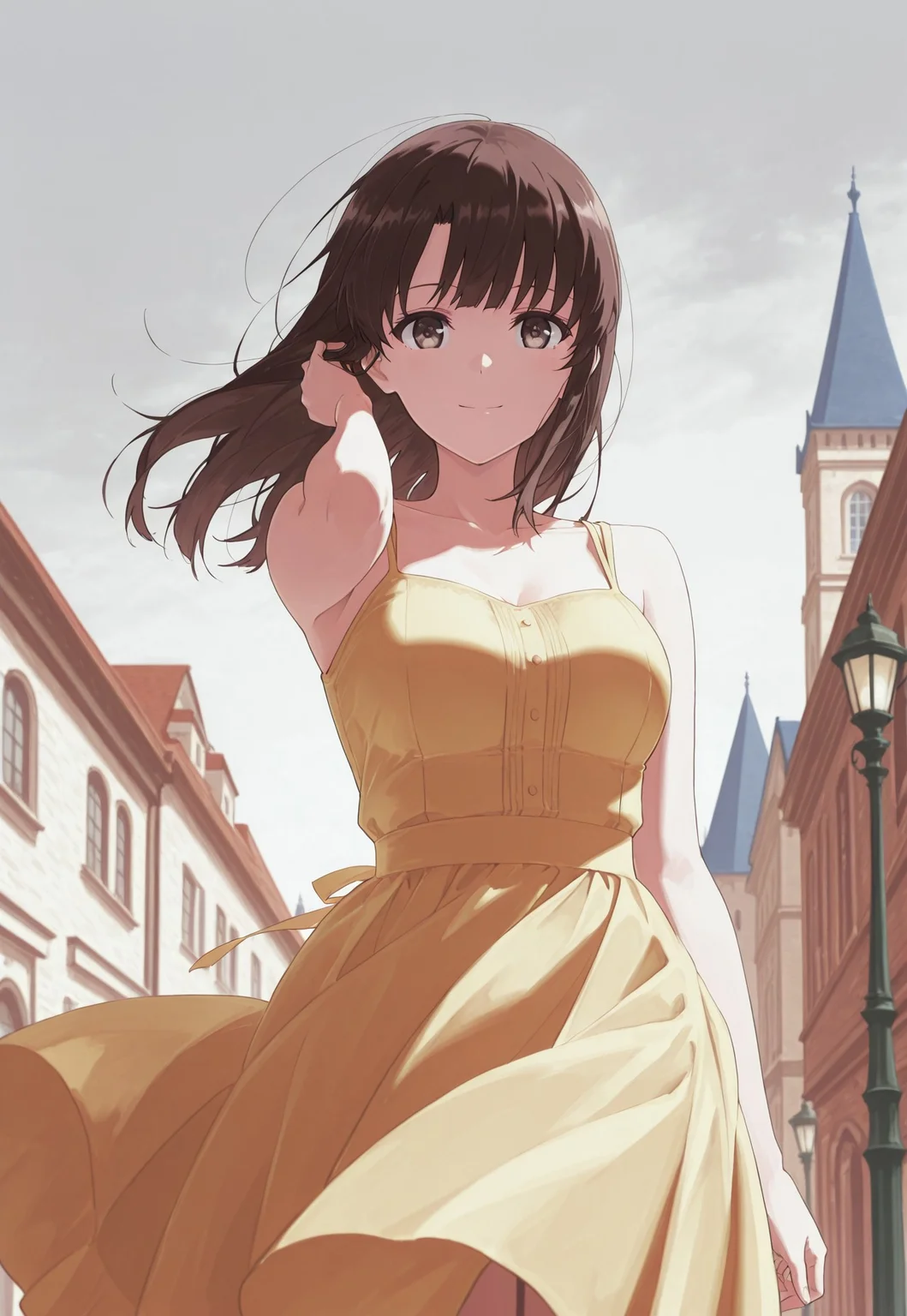 safe_pos, masterpiece, best quality, 1girl,Megumi <lora:IL-KatoMegumi:0.8>,brown hair,katou megumi,brown eyes,medium breasts, long hair, medium breasts, sundress, yellow dress, sleeveless dress, bare shoulders, victorian, outdoors, arm behind head, adjusting hair, cowboy shot, brown eyes, wind, wind lift, town, european architecture, lamppost, tower, grey sky, looking at viewer, closed mouth, smile, slightly from side,(eye fix),((neatly drawn fingers))