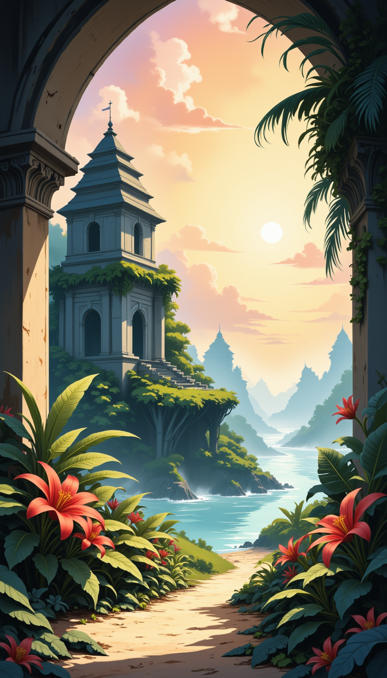 Watercolor painting of a lost civilization on a deserted island, lush greenery, ancient architecture, overgrown ruins, vibrant tropical flowers, warm sunset, serene atmosphere, misty horizon, dynamic brush strokes, vivid colors, soft focus, idyllic, unspoiled, dreamlike, romantic, calming, peaceful, detailed, intricate, captivating, mesmerizing