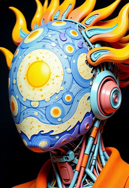 Surreal Van Gogh-style drawing, extreme intricate cinematic head closeup, ajpasbot, faceless Yakuza android, inspired by traditional irezumi tattoo art, fully reimagined in a swirling, chaotic dreamscape of Van Gogh's brushstrokes and colors. The androidâs head is a porcelain-smooth dome, completely featureless, sculpted in soft, flowing curves. Its entire surface is covered in a thick, expressive impasto of oil-paint-like texturesâswirling spirals, turbulent strokes, and emotional waves of color.
Instead of bees and honeycombs, the surface becomes a storm of starry night fragments, golden suns, and tangled vines that radiate from the center like the cosmos in motion. Electric blues, violent yellows, deep ochres, and twilight purples bleed into one another in uncontrolled rhythm. Twisting forms resembling windswept sunflowers, abstract koi fish, and distorted temple roofs emerge and vanish within the chaosâeach detail hyper-rendered but swimming in the instability of Van Goghâs visionary mind.
Microscopic dream fragmentsâlike melting eyes, rising smoke, calligraphy that loops into nothingâare subtly hidden within the brushwork, revealing themselves only when stared at too long. The whole head becomes a sacred mural of madness and beauty, an uninterrupted composition of motion and myth, caught between ancient spirit and synthetic soul.