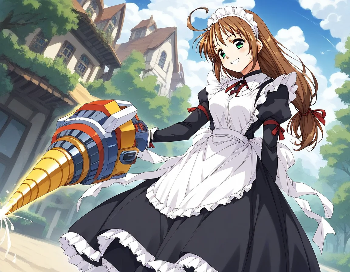 score_9, score_8_up, score_7_up, source_anime, rating_explicit, BREAK <lora:Spiral_Nami_Ver2.0_XL:1> Spiral_Nami_drill, brown hair, green eyes, maid headdress, ahoge, low-tied long hair, maid, medium breasts,
smile.
outdoor, sky, spark,