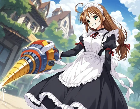score_9, score_8_up, score_7_up, source_anime, rating_explicit, BREAK <lora:Spiral_Nami_Ver2.0_XL:1> Spiral_Nami_drill, brown hair, green eyes, maid headdress, ahoge, low-tied long hair, maid, medium breasts,
smile.
outdoor, sky, spark,