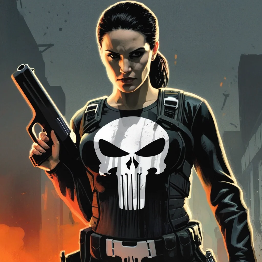 concept art of <lora:comic book magazine:1> from a comic book magazine style
The Punisher a woman with 1gun and a skull shirt comic book magazine style, digital artwork, illustrative, painterly, matte painting, highly detailed