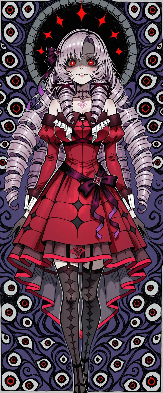 best quality, masterpiece, don't starve, abstract, absurdres, drawing, abstract_background, pattern_background, traditional_media, surreal, sketch, DK-Illu
nijisanji 
hyakumantenbara_salome hyakumantenbara_salome_(1st_costume) 
absurdres highres 
1girl bare_shoulders dark_persona dress drill_hair glowing glowing_eyes horror_(theme) long_hair purple_hair red_dress red_eyes shaded_face solo very_long_hair virtual_youtuber