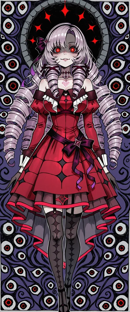 best quality, masterpiece, don't starve, abstract, absurdres, drawing, abstract_background, pattern_background, traditional_media, surreal, sketch, DK-Illu
nijisanji
hyakumantenbara_salome hyakumantenbara_salome_(1st_costume)
absurdres highres
1girl bare_shoulders dark_persona dress drill_hair glowing glowing_eyes horror_(theme) long_hair purple_hair red_dress red_eyes shaded_face solo very_long_hair virtual_youtuber