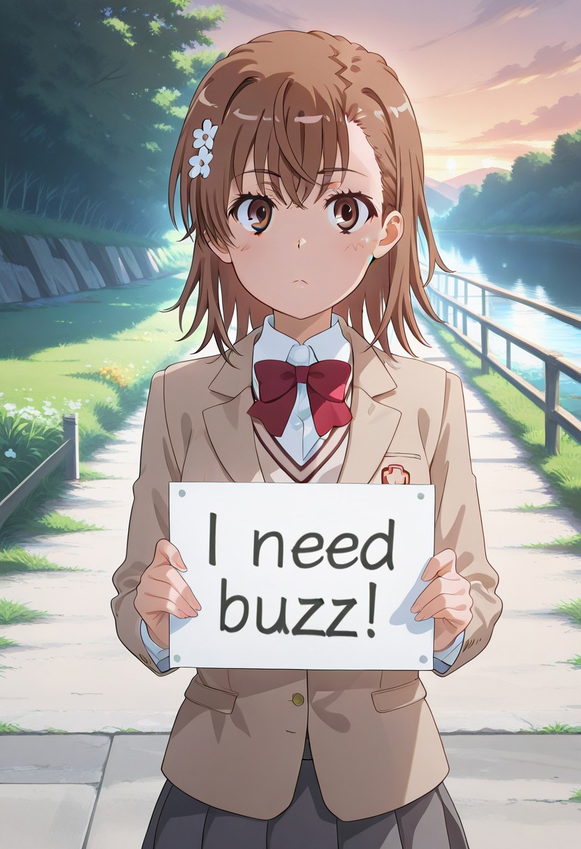 1girl, solo, (need_buzz, holding sign, "I Need Buzz!" Sign, mikoto misaka \(toaru kagaku no railgun\), short hair, brown hair, brown eyes, hair ornament, white shirt, sweater vest, hair flower, flower, skirt, bow, red bow, jacket, bowtie, blazer, brown jacket, red bowtie, looking at viewer), Riverbank, evening, (detailed eyes, perfect anatomy, perfect hands:1.3), (score_9, score_8 up, score_7 up, source_anime, masterpiece, best quality, high quality:1.5),