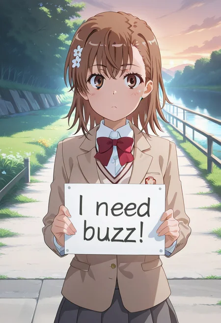1girl, solo, (need_buzz, holding sign, "I Need Buzz!" Sign, mikoto misaka \(toaru kagaku no railgun\), short hair, brown hair, brown eyes, hair ornament, white shirt, sweater vest, hair flower, flower, skirt, bow, red bow, jacket, bowtie, blazer, brown jacket, red bowtie, looking at viewer), Riverbank, evening, (detailed eyes, perfect anatomy, perfect hands:1.3), (score_9, score_8 up, score_7 up, source_anime, masterpiece, best quality, high quality:1.5),