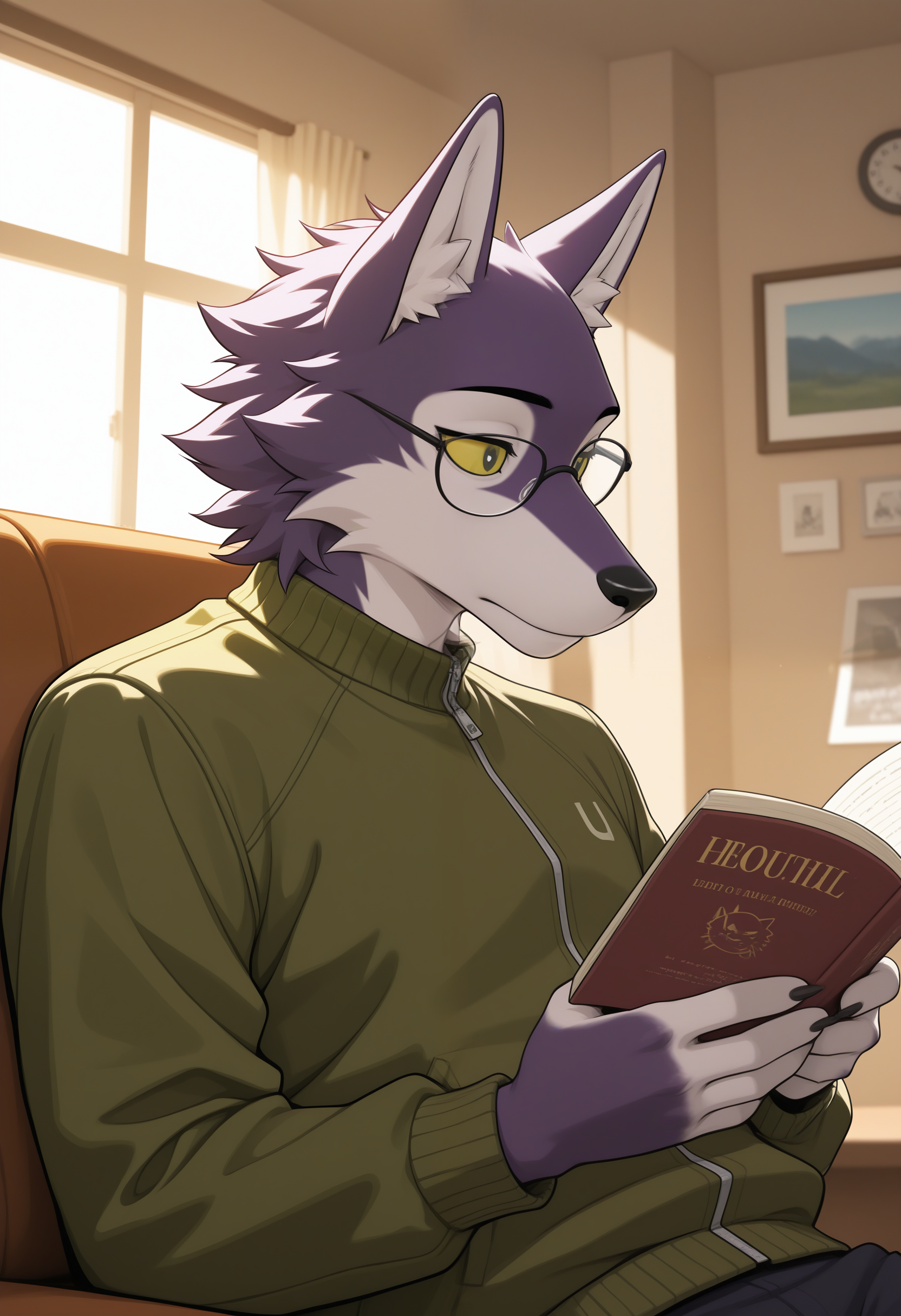 masterpiece,best quality, amazing quality, 1boy, solo, l0b0, wolf boy, yellow sclera, green jacket, purple fur, reading book, indoors, glasses, face focuse,
