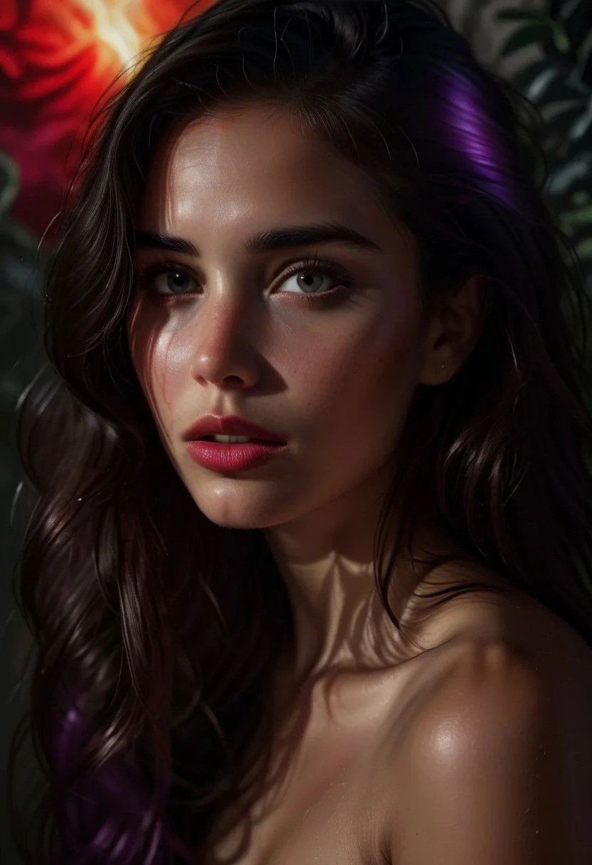 close up photograph ,hyper realistic black and white portrait of Ariel, piercing light gaze ,three quarter position and plunging view, sampaguitajay style, organic background, in the style of realistic usage of light and color, red and purple light layer, red touch matte painting, rubn maya, bold shadows, marvel comics, wifredo lam, dimensional layering, jessie arms botke black and white portrait of  Ariel, in the style of realistic usage of light and color, chiaroscuro, rubn maya, bold shadows, abstract touch, marvel comics, wifredo lam, dimensional layering, faded grey background, shoot with Nikon D750, jessie arms botke , red and purple light laye