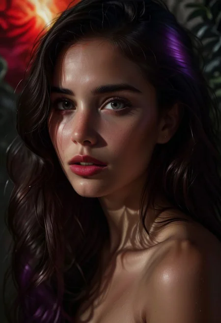 close up photograph ,hyper realistic black and white portrait of Ariel, piercing light gaze ,three quarter position and plunging view, sampaguitajay style, organic background, in the style of realistic usage of light and color, red and purple light layer, red touch matte painting, rubn maya, bold shadows, marvel comics, wifredo lam, dimensional layering, jessie arms botke black and white portrait of Ariel, in the style of realistic usage of light and color, chiaroscuro, rubn maya, bold shadows, abstract touch, marvel comics, wifredo lam, dimensional layering, faded grey background, shoot with Nikon D750, jessie arms botke , red and purple light laye