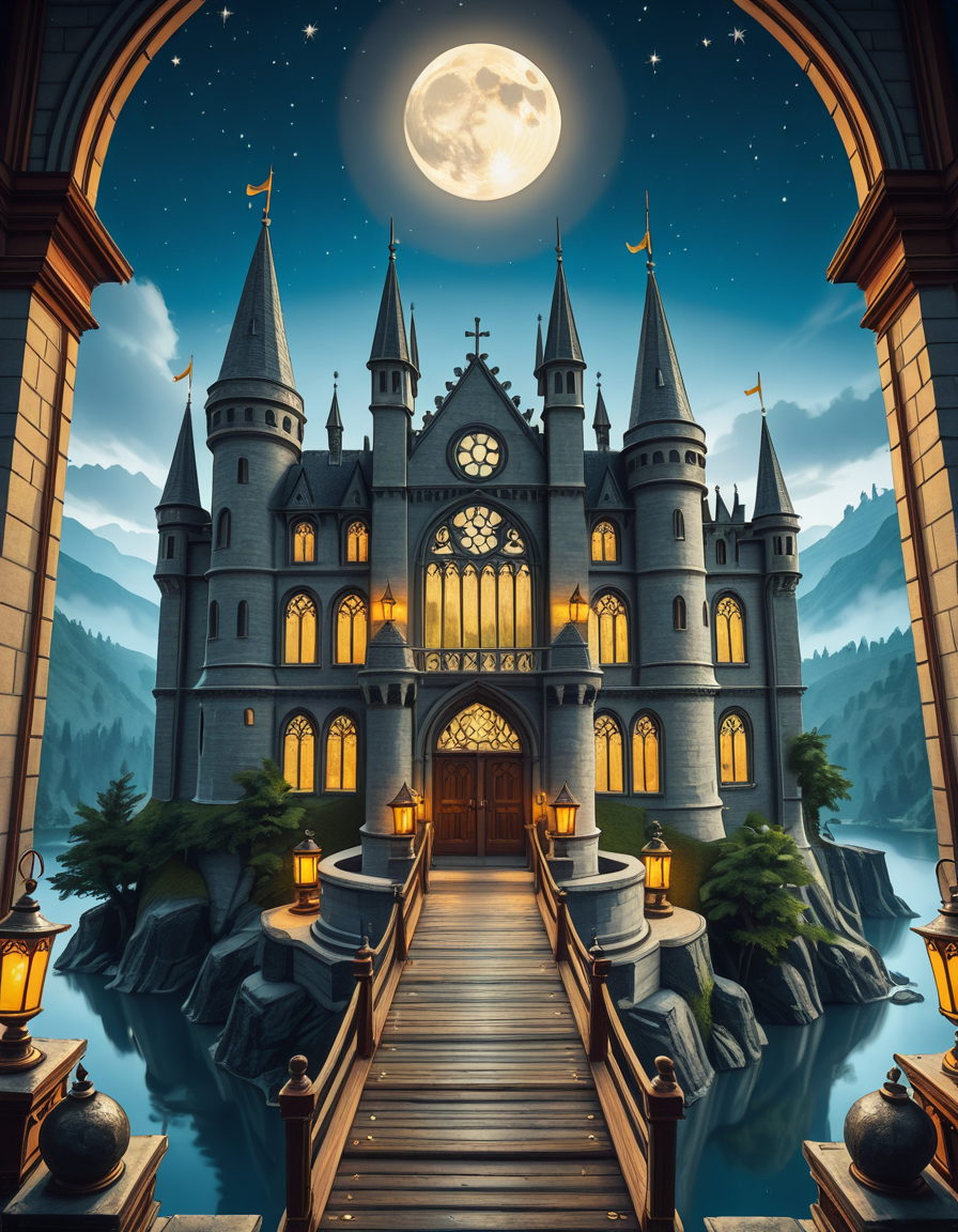A majestic, ancient castle perched on a rocky hill, serving as a prestigious school for young wizards. The castle is a grand structure with towering spires, intricate gothic architecture, and large stained-glass windows that glow with magical energy. The stone walls are covered in ivy, and enchanted lanterns float around the entrance, casting a soft, mystical glow. A massive wooden bridge leads to the main gate, suspended over a misty, enchanted lake that reflects the moonlight. In the background, rolling green hills and dense, fog-covered forests surround the school, adding an air of mystery. The sky is a deep twilight blue, with stars twinkling and a full moon shining brightly. Some windows in the castle emit warm, golden light, hinting at classrooms filled with spellbooks and students practicing magic. A few owls are seen soaring above, delivering messages. The atmosphere is magical, mysterious, and full of wonder, as if the castle itself is alive with enchantments.
<lora:SDXLFaeTastic2400:0.4> <lora:extremely_detailed:0.4> extremely detailed,ancient c4stl3, <lora:ancient_c4stl3-i:1>, Masterpiece,best quality,hi res,8k,hi res,8k,award winning,(sharp focus, intricate, highly detailed),