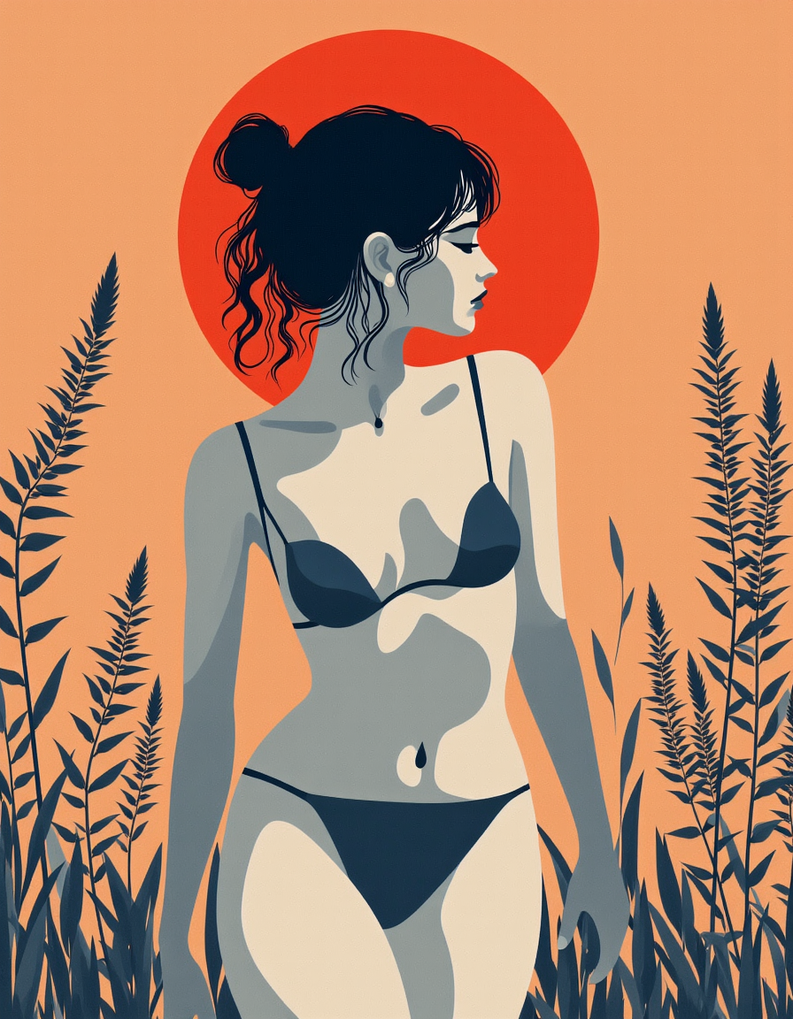 A digital illustration in minimalistic style about the side silhouette of a naked woman with hair bun over a simple background.
