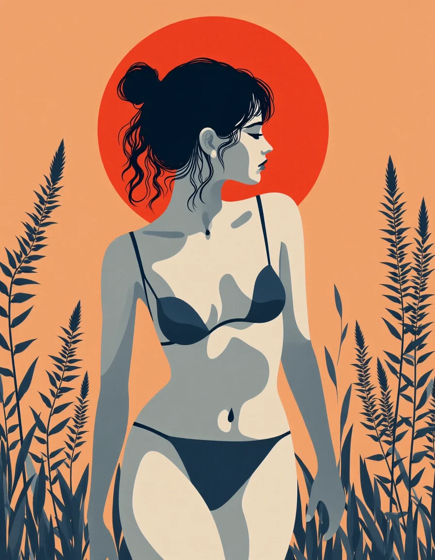 A digital illustration in minimalistic style about the side silhouette of a naked woman with hair bun over a simple background.
