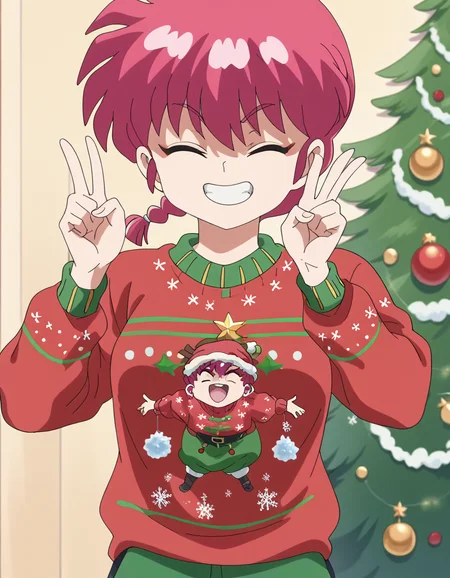 score_9, score_8_up, score_7_up, source_anime, <lora:ranma-saotome-s1-ponyxl-lora-nochekaiser:1>, ranma saotome, braid, red hair, single braid, braided ponytail, red eyes, medium breasts, anime screencap,, <lora:christmas-sweater-ponyxl-lora-nochekaiser:1>, christmas sweater, christmas, ugly sweater, print sweater, red sweater, christmas tree, christmas ornaments, sweater, multicolored sweater, , v, smile, hands up, teeth, closed eyes, cowboy shot,, , dutch angle, cowboy shot
