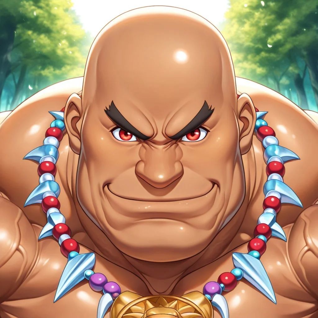 safe_pos, safe_pos, source_anime, detailed background, (score_9, score_8_up, score_7_up), zoroj, masterpiece, best quality, high quality, ultra detailed, highly detailed, high detail, artistic lighting, (highly detailed face, (perfect face, perfect eyes)), depth of field, perfect soft lighting, best shadows, perfect reflections, volumetric, detailed image, high resolution, defined faces, sharp definition,
solo, 1boy, male focus, Bruiser Khang, red eyes, dark skin, bald, necklace, musclebears, muscular male, bara, hyper muscles, veiny muscles,
forest, ((((face shot)))), looking at viewer, smile,