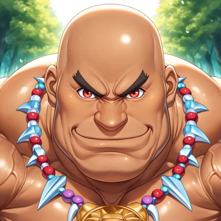 safe_pos, safe_pos, source_anime, detailed background, (score_9, score_8_up, score_7_up), zoroj, masterpiece, best quality, high quality, ultra detailed, highly detailed, high detail, artistic lighting, (highly detailed face, (perfect face, perfect eyes)), depth of field, perfect soft lighting, best shadows, perfect reflections, volumetric, detailed image, high resolution, defined faces, sharp definition,

solo, 1boy, male focus, Bruiser Khang, red eyes, dark skin, bald, necklace, musclebears, muscular male, bara, hyper muscles, veiny muscles,

forest, ((((face shot)))), looking at viewer, smile,