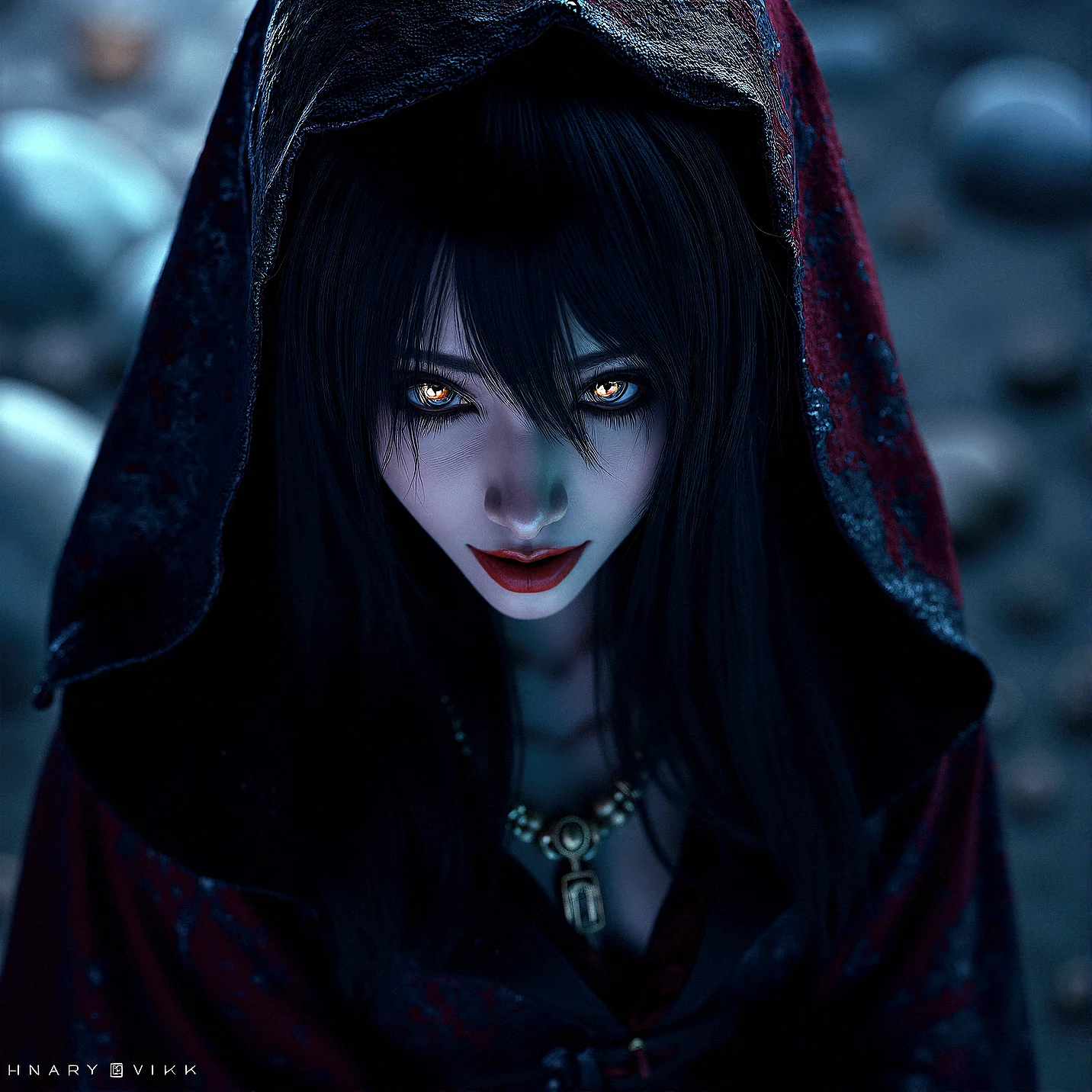 an extremely photorealistic photography of A powerful female mage with long dark hair and intricate robes, in a futuristic, neon-lit circuit board landscape, ultra-realistic textures, ultra-high definition, photorealistic, highly detailed, natural and dynamic lighting, realistic shadows, cinematic, hyperrealism
Close-up of Face obscured by hair, only glowing eyes visible.lips slightly parted, showing extremely sharp fangs.