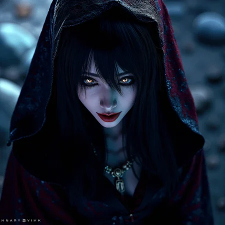 an extremely photorealistic photography of A powerful female mage with long dark hair and intricate robes, in a futuristic, neon-lit circuit board landscape, ultra-realistic textures, ultra-high definition, photorealistic, highly detailed, natural and dynamic lighting, realistic shadows, cinematic, hyperrealism

Close-up of Face obscured by hair, only glowing eyes visible.lips slightly parted, showing extremely sharp fangs.


