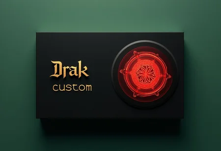 8k, ultra-detailed, masterpiece, best quality, a business card, black and green background, written in gold letter "Drak custom" 0n the left, right part red magic circle, written in the magic circle "Sublimation Company"