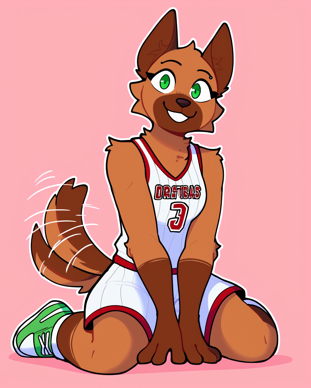 score_9_up, score_8_up, score_7_up, score_6_up,  by remanedur, brown body, short hair, furry female, female, furry, green eyes, eyebrow piercing, looking at viewer,  solo, smile, happy, three-quarter view, head tilt, basketball uniform, tail, sneakers, on ground, kneeling, basketball \(ball\), tailwag,  simple background, white outline, <lora:Leah_Pines(AIM)_XL_v1:0.15> <lora:PDXL_artist_tags_v2_big:0.6> <lora:The-Minuscule-Task_PDXL_v1.0:0.6>  <lora:Rose_Naire_sonokido:0.65>