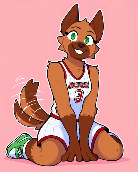 score_9_up, score_8_up, score_7_up, score_6_up, by remanedur, brown body, short hair, furry female, female, furry, green eyes, eyebrow piercing, looking at viewer, solo, smile, happy, three-quarter view, head tilt, basketball uniform, tail, sneakers, on ground, kneeling, basketball \(ball\), tailwag, simple background, white outline, <lora:Leah_Pines(AIM)_XL_v1:0.15> <lora:PDXL_artist_tags_v2_big:0.6> <lora:The-Minuscule-Task_PDXL_v1.0:0.6> <lora:Rose_Naire_sonokido:0.65>