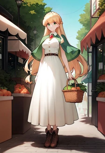 safe_pos, zPDXL3, score_9, score_8_up, score_7_up, 1girl, solo, medium breasts,

blonde hair, green eyes, crown braid, straight hair, very long hair, ribbon bangs, green capelet, white dress, sleeveless, belt, belt buckle, brooch, broach red gemstone, brown ankle boots,

outdoors, market, fruit, vegetables, holding basket, shopping, 

fomceline,