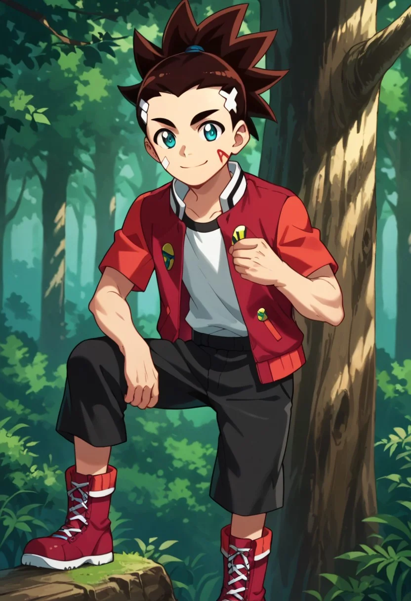 score_9, score_8_up, score_7_up, score_6_up, highly detailed,Good Colors, Glowing Skin, Good Shading, Good Eyes, Contrast Shading, 1boy,handsome boy, male focus, solo, slim, skinny, slim body, young man, correct anatomy, alone, no muscles, Aiger, 1boy, male_focus, brown hair, ponytail, blue eyes, face mark, red jacket, white shirt, black pants, red shoes, white band-aid, forest, hanging of tree branch, smiling, grinning