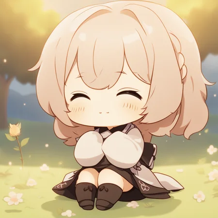 1girl, chibi, close eyes, :3, scenery, depth of field, 8k, high resolution, burry background, lighting