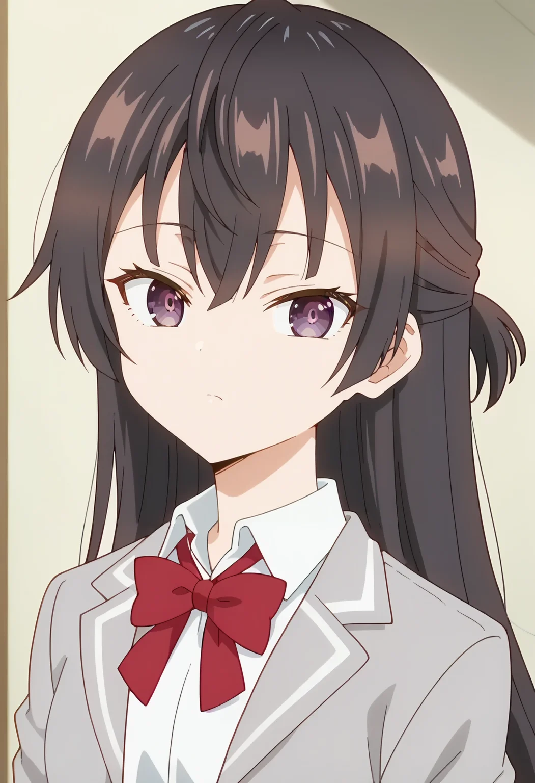 Yuki Suou, long hair, solo , black hair, hair between eyes, brown eyes, purple eyes, half updo ,brown hair, red bow, grey jacket, collared shirt, school uniform, white shirt, red bowtie, ,long sleeves, open jacket, , looking at viewer <lora:Yuki Suou-000013:0.9>, score_9, score_7_up,anime coloring ,source_anime, anime, anime screencap