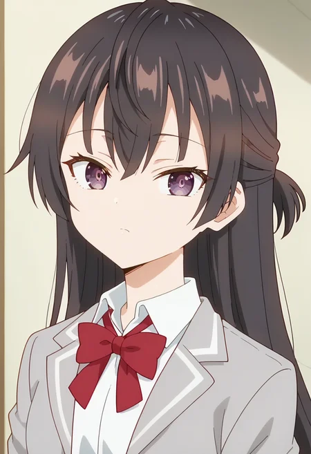 Yuki Suou, long hair, solo , black hair, hair between eyes, brown eyes, purple eyes, half updo ,brown hair, red bow, grey jacket, collared shirt, school uniform, white shirt, red bowtie, ,long sleeves, open jacket, , looking at viewer <lora:Yuki Suou-000013:0.9>, score_9, score_7_up,anime coloring ,source_anime, anime, anime screencap