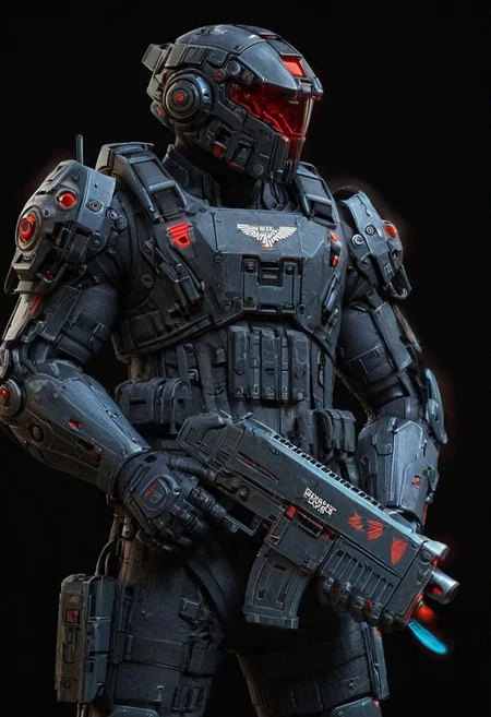 man in (neon red) mad-bdyarmr, holding bltgun bolter weapon, helmet, night, cyberpunk road, fullbody view, (masterpiece:1.2), best quality, (hyperdetailed, highest detailed:1.2), high resolution textures