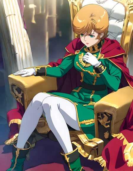 <lora:pony_xl_audrey:0.9>,audrey,score_9,score_8_up,score_7_up,source_anime,best quality,masterpiece,super fine illustration,1girl,solo,military uniform,green uniform,red cape,white gloves,white pantyhose,green boots,indoor,throne,great hall,red carpet,front view,sitting,hand_between_legs,knees_together_feet_apart,