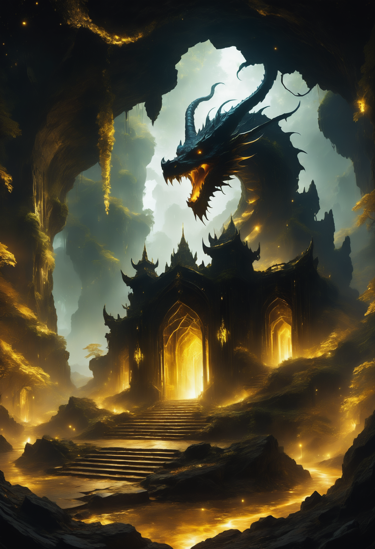 a temple in an undergroundcave guarded by a western dragon by starLS <lora:stardustlandscapes-000006:1> <lora:SDXLFaeTastic2400:0.5>