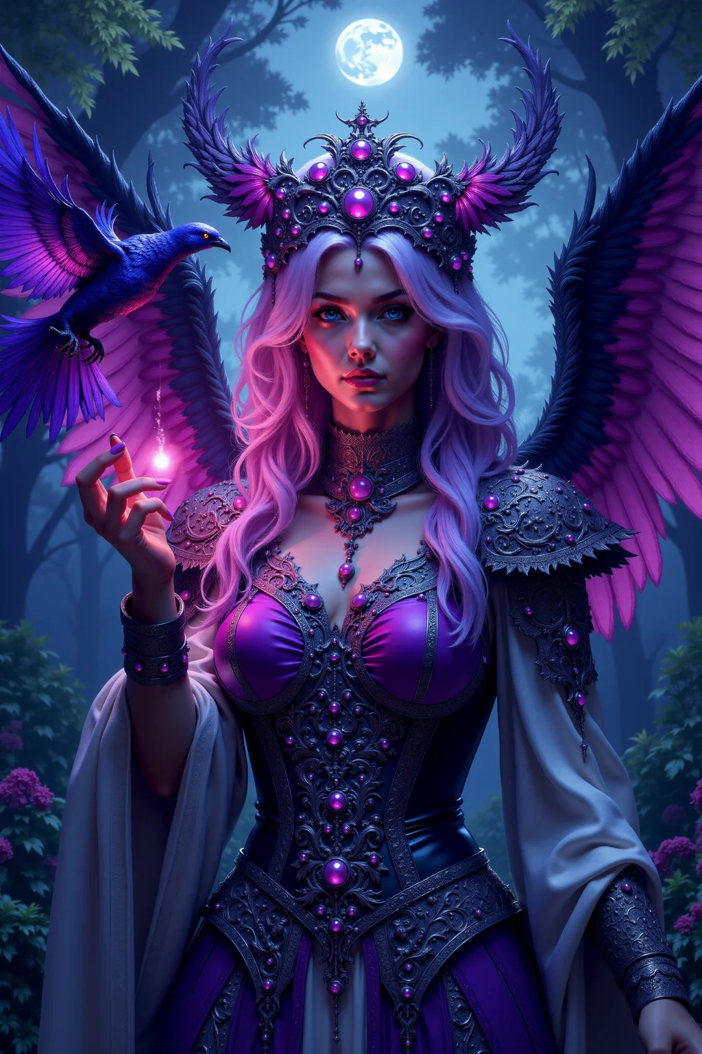 <lora:FANCHA_style:0.75> FANCHA style.
The image captures an ethereal figure cloaked in mysticism and adorned with intricate, regal details. Her lavender hair cascades in soft, shimmering waves, blending seamlessly into the twilight hues of her dark, feathery wings that stretch outward, blending into the shadowy forest. A vibrant crown of purple plumes and ornate silver filigree, studded with luminous pearl-like orbs, rests upon her head, radiating an air of otherworldly authority. Her piercing, glowing blue eyes seem to hold secrets of the cosmos as she gently extends a finger, from which a faint, mystical light emanates, connecting her to a vivid, iridescent purple bird in mid-flight. The bird's feathers glimmer with a radiant spectrum of violet and magenta tones, as if imbued with magic, creating a striking contrast against the dim, moonlit surroundings. Her attire is a masterpiece of fine craftsmanship, with elaborate metallic accents and layered fabric imbued with intricate patterns that glimmer faintly in the cool, ethereal light. Large pearl-like embellishments are affixed to her shoulder plates and chest piece, reflecting the muted glow of the enchanted forest around her. Behind her, the dense foliage and vibrant flora are cast in a bluish luminescence, enhancing the mystical atmosphere, while the deep shadows between the leaves add a sense of depth and mystery. The overall composition exudes an aura of serene power, elegance, and the timeless beauty of a realm untouched by mortal hands.