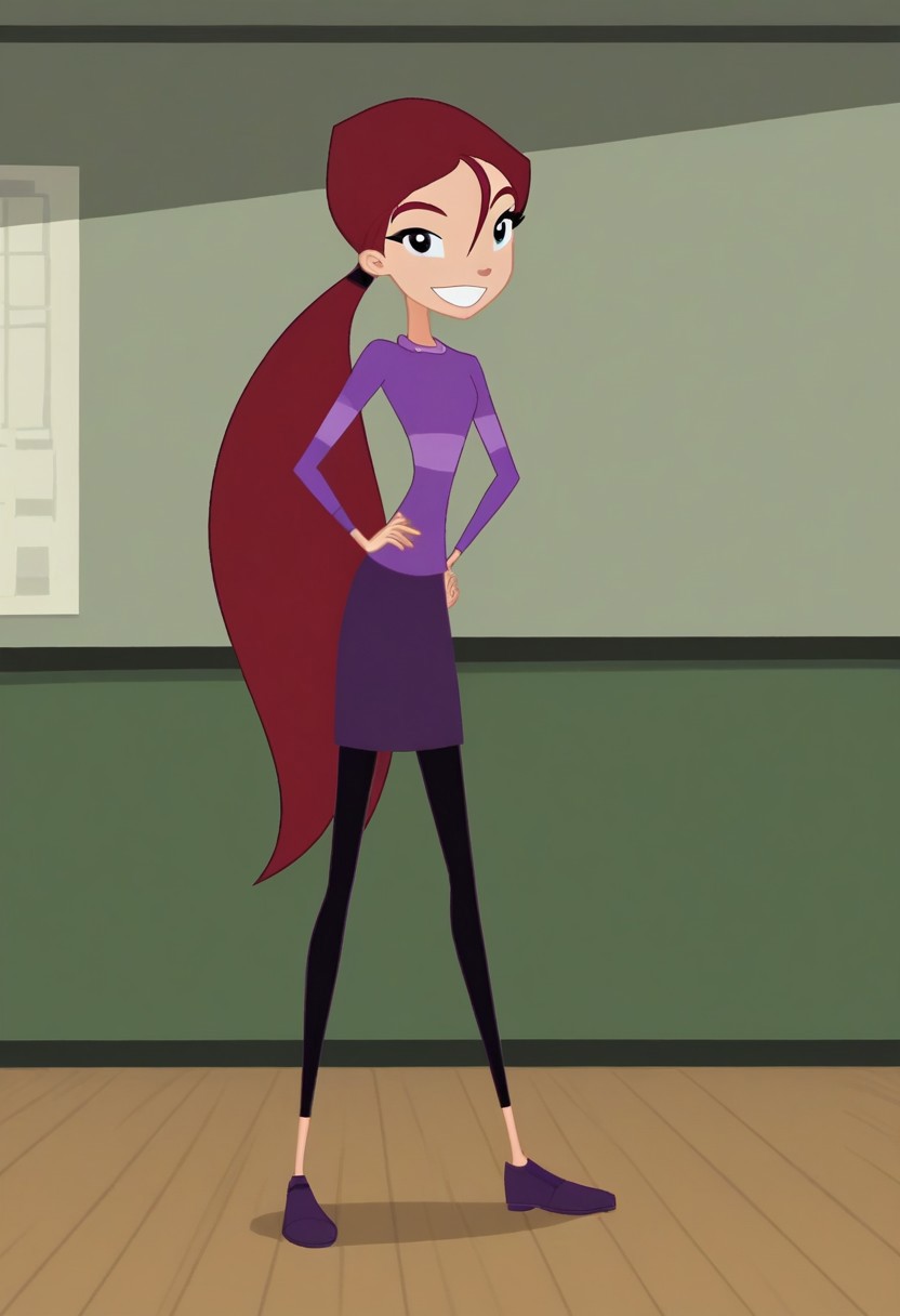 Score_9_up, Score_8_up, Score_7_up, easynegative, ng_deepnegative_v1_75t,
AbbyArcher, 1girl, red hair, ponytail, long hair, hair between eyes, black eyes, purple shirt, ;long sleeve shirt, dark purple skirt, black leggings, purple shoes
indoors, hand_on_hip, standing, smiling, looking at viewer