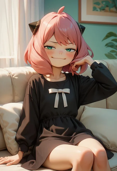 score_9, score_8_up, score_7_up, score_6_up, score_5_up, score_4_up, an_ya, pink hair, sitting on a couch, petite, smug, OverallDetail, fFaceDetai, black dress