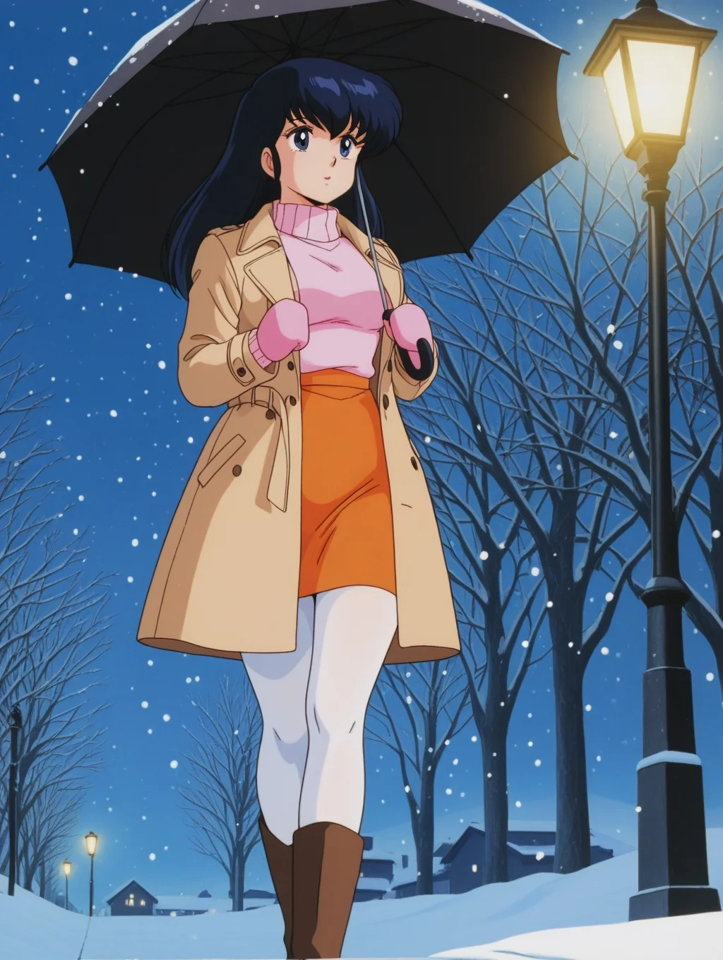 masterpiece, best quality, amazing quality, detailed background, perfect eyes, anime coloring, anime screenshot, 1980s \(style\), 1girl, solo, mature female, otonashi kyouko, black hair, long hair, blue eyes, medium breasts, winter clothes, trench coat, long sleeves, pink turtleneck sweater, mittens, orange skirt, white pantyhose, boots, holding umbrella, (outdoors, neighborhood, snow, snowing, night, lamplight),