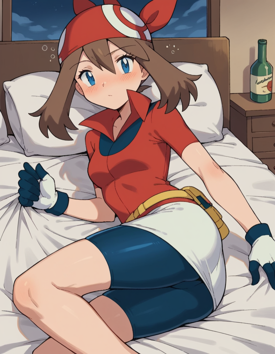 score_9, score_8_up, score_7_up, source_anime, <lora:pokemon-may-anime-ponyxl-lora-nochekaiser:1>, pokemonmay, blue eyes, brown hair, bandana, long hair, red bandana, twintails, hair between eyes,, bike shorts, collared shirt, gloves, microskirt, multicolored shirt, pencil skirt, red shirt, shirt, short sleeves, skirt, white skirt,, indoors, bed, bed room, on side, blush, drunk, looking at viewer, solo, cowboy shot, dutch angle