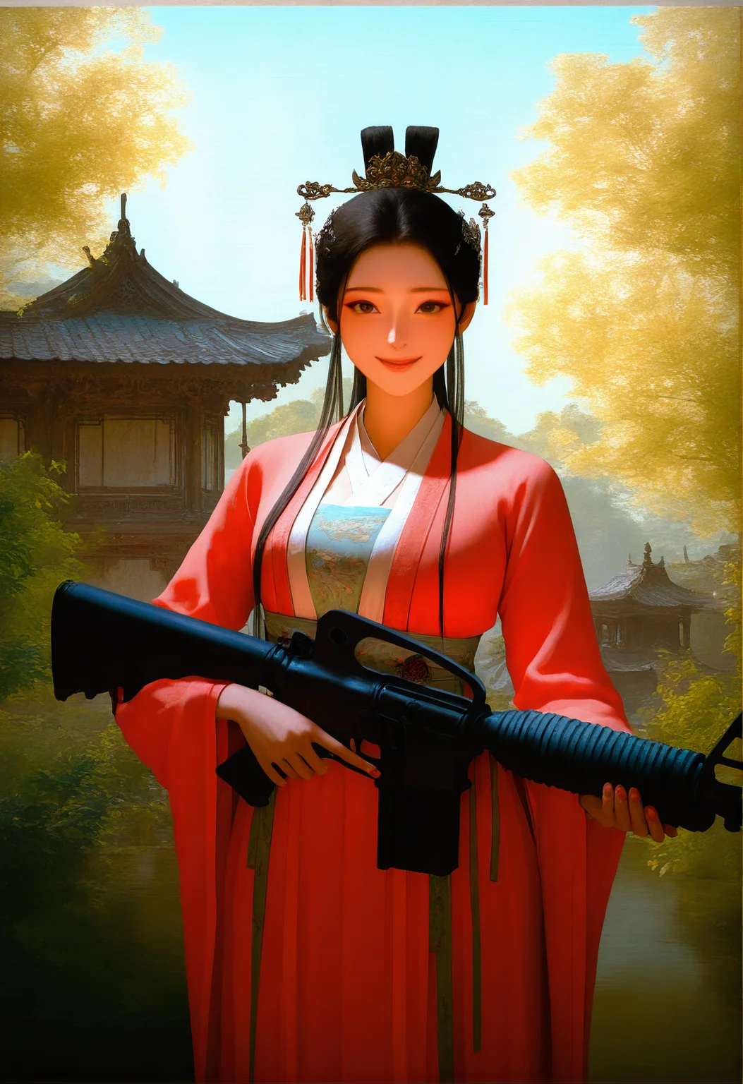 masterpiece,best quality,absurdres,highres,newst,1girl,cowboy shot,looking at viewer,chinese clothes,hanfu,smile,outdoors,nature,day,traditional chinese building,<lora:spo_sdxl_10ep_4k-data_lora_webui:1>,<lora:M16A1 M4A1_ILLUS_c:1>,c-m16,holding m16,<lora:xiaobaiXL:1>,xiaobai,<lora:Concept Art Darkness [LoRA] - Illustrious-XL v0.1:0.8>,concept art,realistic,<lora:Chinoiserie_Illu_Style:0.5>,Chinoiserie,