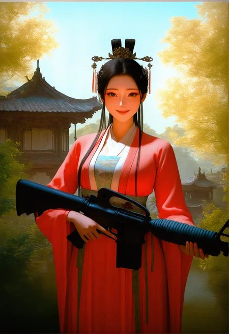 masterpiece,best quality,absurdres,highres,newst,1girl,cowboy shot,looking at viewer,chinese clothes,hanfu,smile,outdoors,nature,day,traditional chinese building,<lora:spo_sdxl_10ep_4k-data_lora_webui:1>,<lora:M16A1 M4A1_ILLUS_c:1>,c-m16,holding m16,<lora:xiaobaiXL:1>,xiaobai,<lora:Concept Art Darkness [LoRA] - Illustrious-XL v0.1:0.8>,concept art,realistic,<lora:Chinoiserie_Illu_Style:0.5>,Chinoiserie,